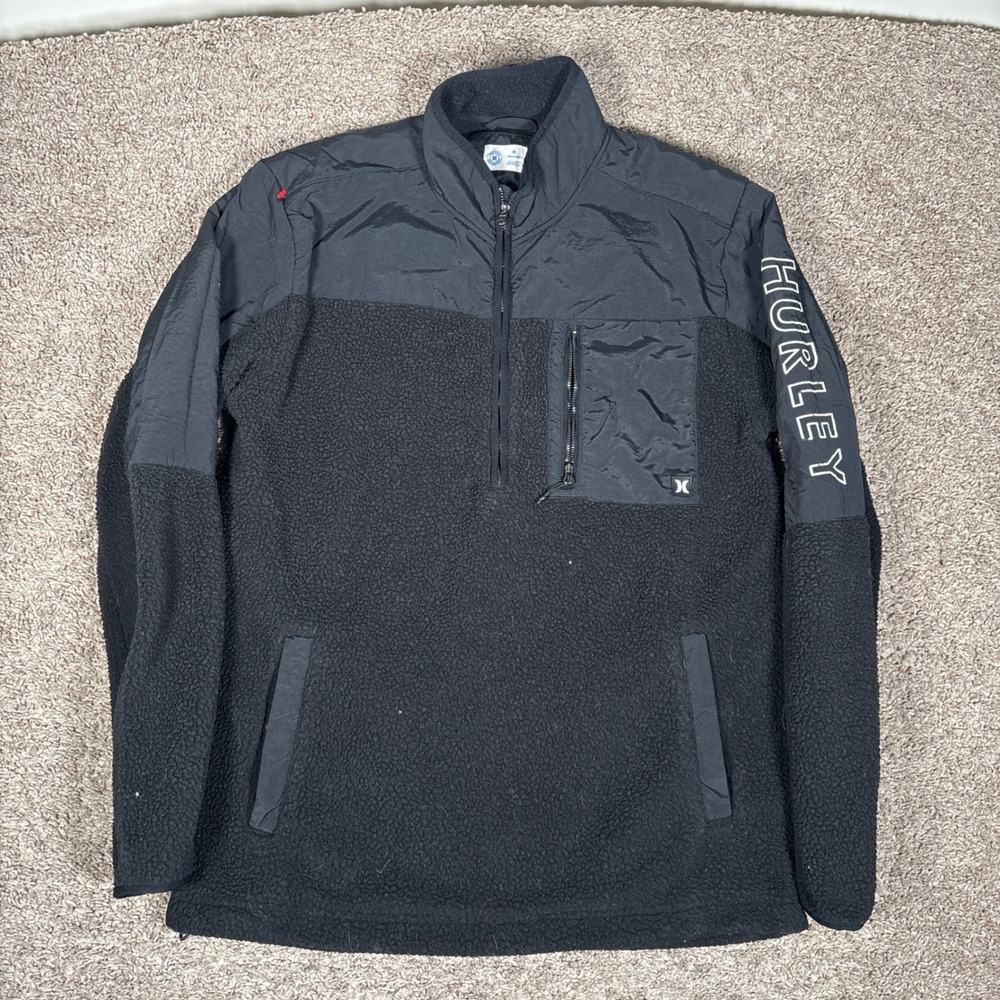 Hurley Mens Black Sherpa Fleece Quarter Zip Pullover Mixed Media Jacket Size M